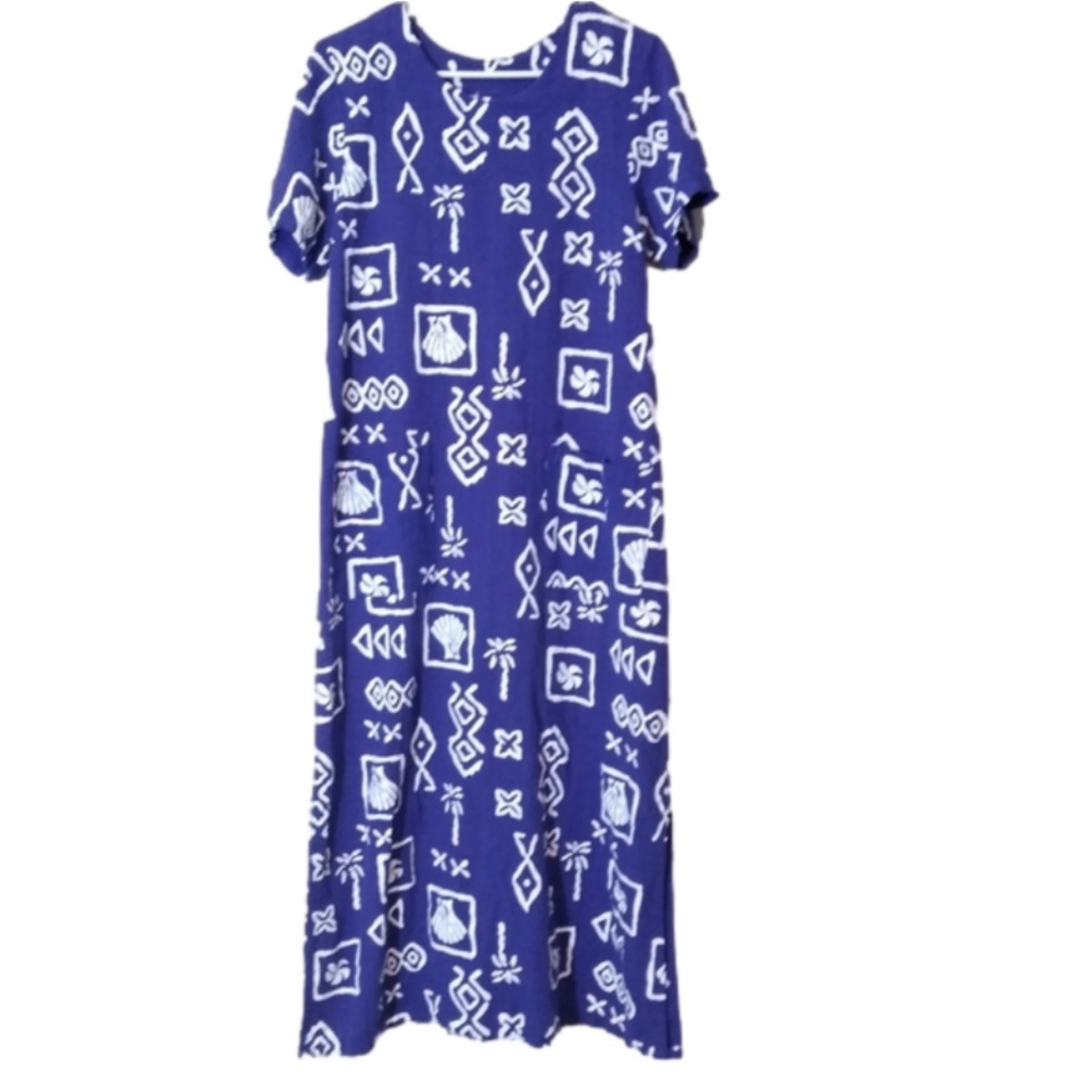 Vintage linen beach pattern maxi dress summer size women's small